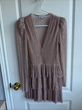 Sabina Musayev Rose Gold Metallic Pleated Tiered Long-Sleeve Dress